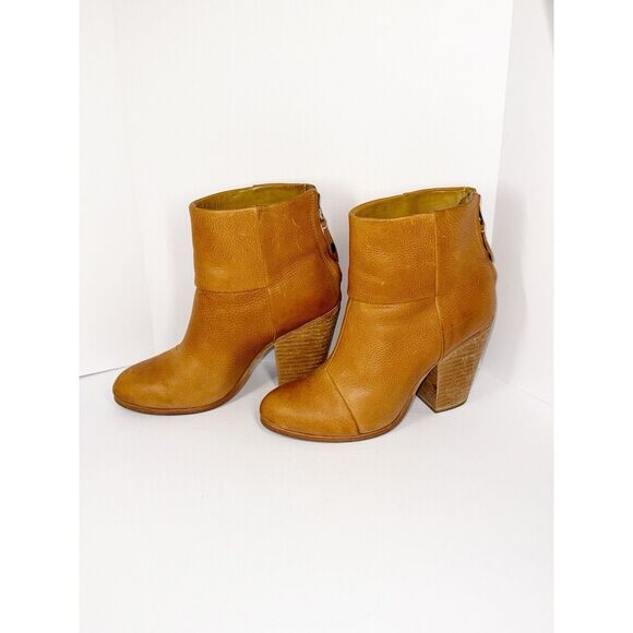 Rag & Bone Newbury Ankle Boots Leather Bootie Block Heel Tan Chunky 37.5/7.5 - Picture 1 of 12